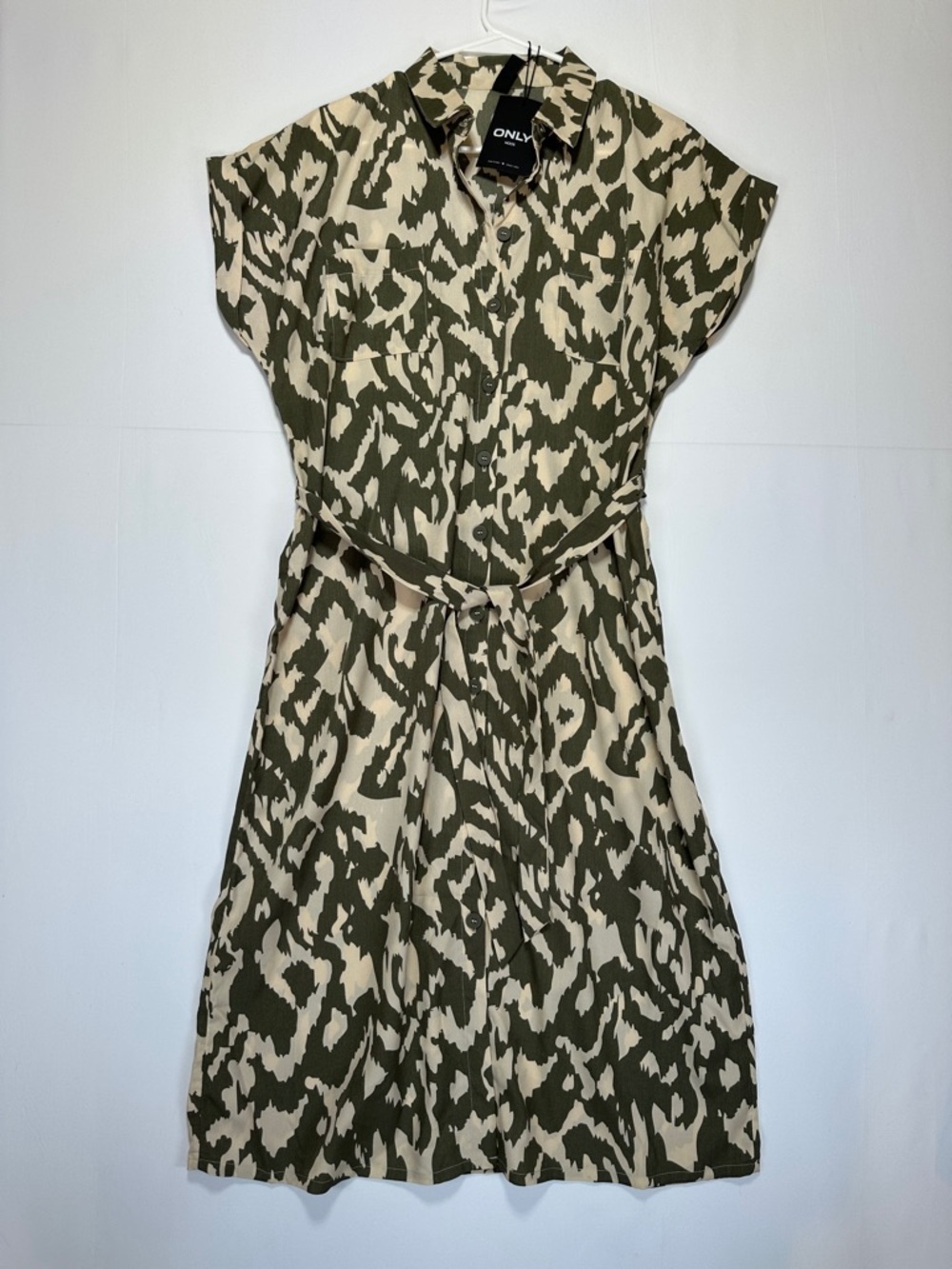 ONLY Olive Green Abstract Print Midi Shirt Dress Tie Waist Safari Earth Tone 8